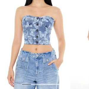 F21 Butterfly Print Denim Strapless Top Y2k, Small